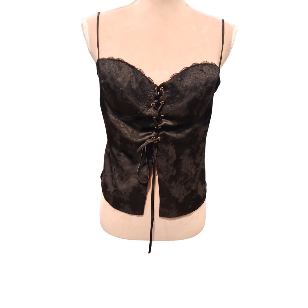 Cotton Candy LA Black Floral Jacquard Corset Cami Lace Up Top Large juniors Dark